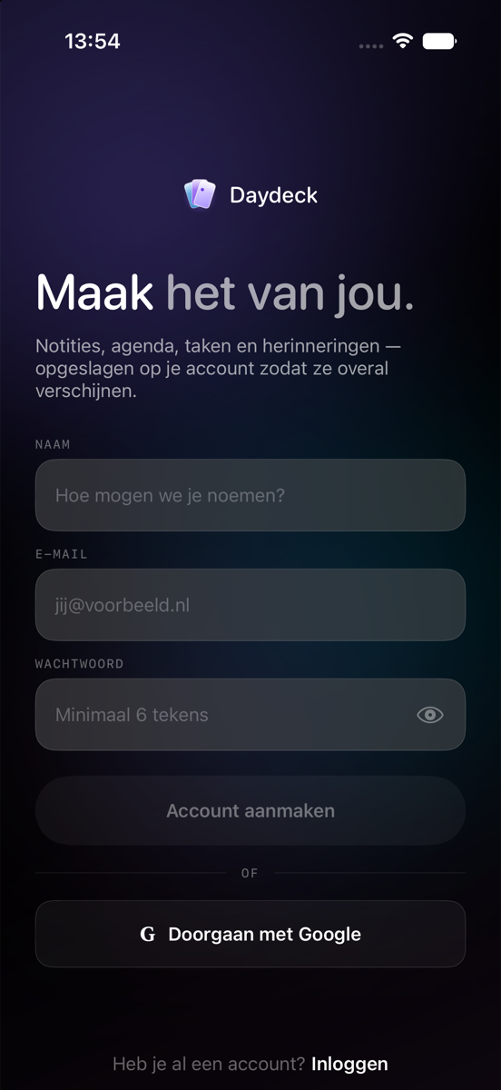 Het inlog- en registratiescherm